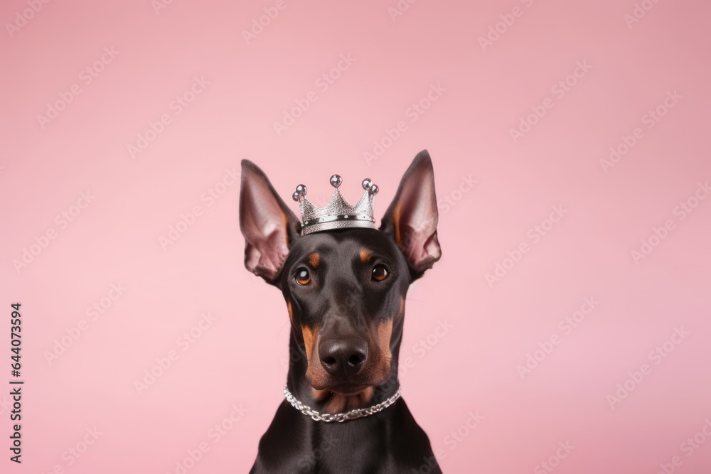 Photography in the style of pensive portraiture of a happy doberman pinscher wearing a princess crown against a pastel pink background. With generative AI technology
