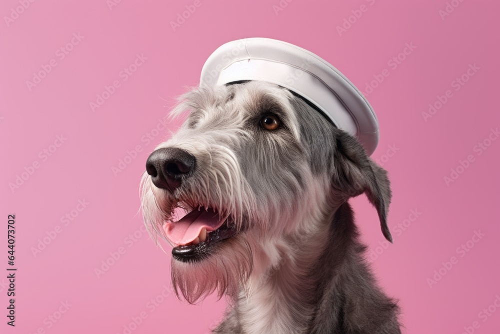 Medium shot portrait photography of a smiling irish wolfhound dog wearing a sailor suit against a pastel pink background. With generative AI technology