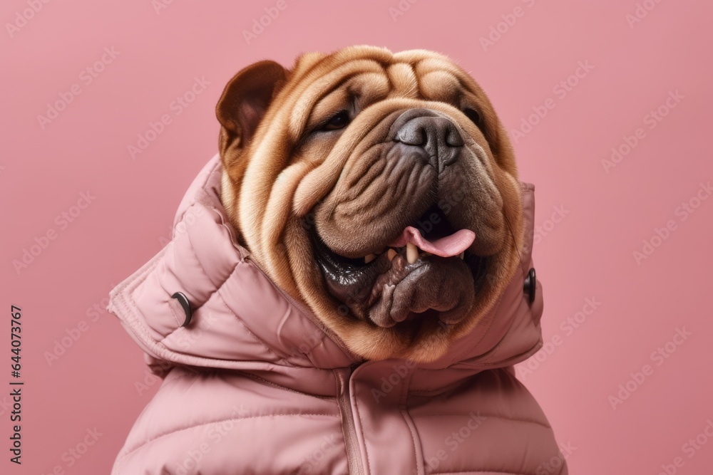 Medium shot portrait photography of a happy chinese shar pei dog wearing a puffer jacket against a pastel pink background. With generative AI technology