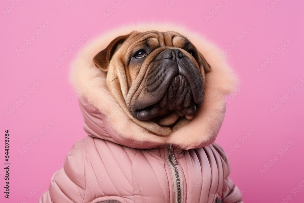 Medium shot portrait photography of a happy chinese shar pei dog wearing a puffer jacket against a pastel pink background. With generative AI technology