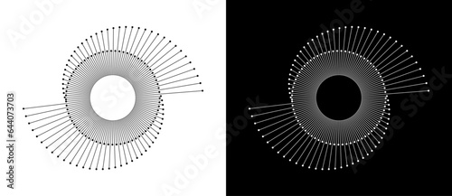 Abstract background with lines and dots in spiral. Art design spiral as logo or icon. Black lines on a white background and white lines on the black side.
