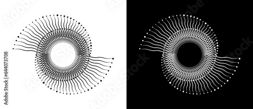 Abstract background with lines and dots in spiral. Art design spiral as logo or icon. Black lines on a white background and white lines on the black side.