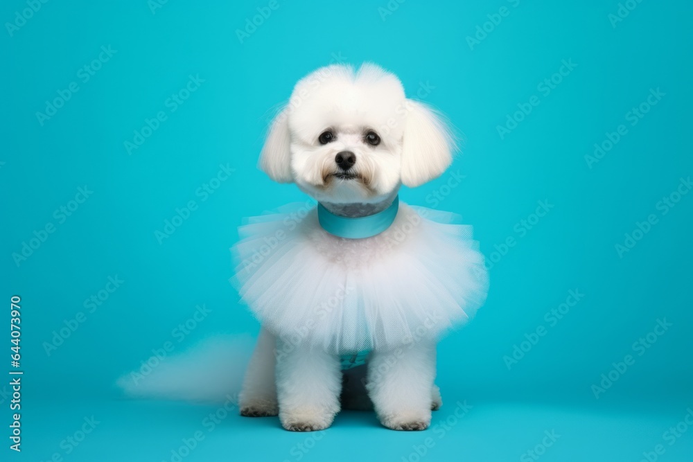 Photography in the style of pensive portraiture of a cute bichon frise wearing a tutu skirt against a turquoise blue background. With generative AI technology Photography in the style of pensive portraiture of a cute bichon frise wearing a tutu skirt against a turquoise blue background. With generative AI technology