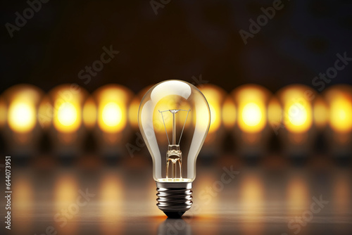Eco energy saving light bulb, one glowing compact fluorescent light bulb standing out amongst the unlit incandescent light bulbs or Individuality concept 
