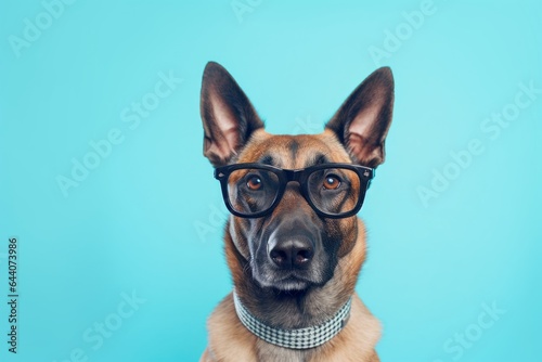 Lifestyle portrait photography of a cute belgian malinois dog wearing a hipster glasses against a turquoise blue background. With generative AI technology