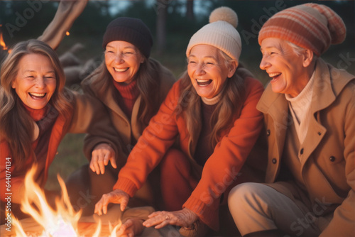 A joyous group of senior, illuminated by the warm glow of a crackling campfire, laughing and embracing in a moment of friendship and camaraderie.