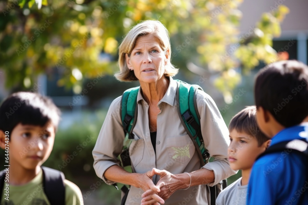 shot of a female environmentalist speaking to children at a school shot of a female environmentalist speaking to children at a school