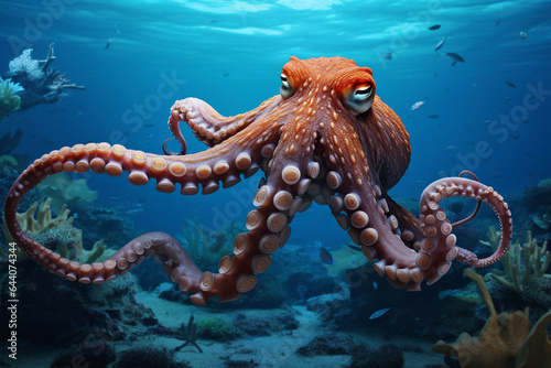 Octopus in the sea with blue waters