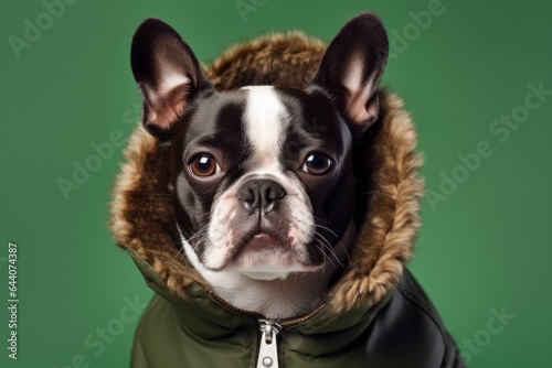 Headshot portrait photography of a cute boston terrier wearing a parka against a green background. With generative AI technology © Markus Schröder