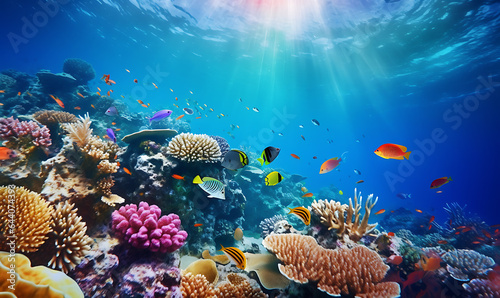 underwater of sea full color coral and various kinds of fish view on top Ai Image Generative photo