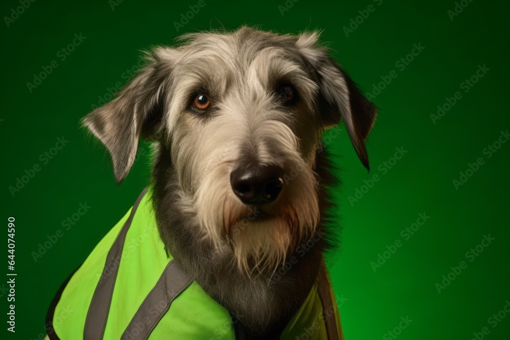 Headshot portrait photography of a cute irish wolfhound dog wearing a reflective vest against a green background. With generative AI technology