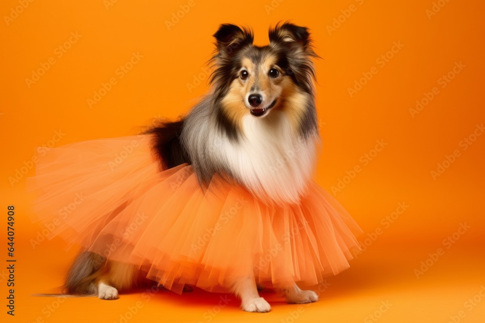Photography in the style of pensive portraiture of a happy shetland sheepdog wearing a tutu skirt against a bright orange background. With generative AI technology Photography in the style of pensive portraiture of a happy shetland sheepdog wearing a tutu skirt against a bright orange background. With generative AI technology