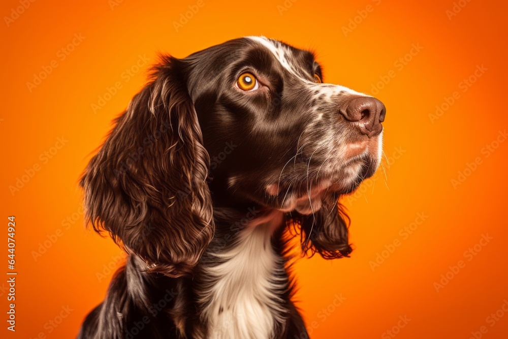 Photography in the style of pensive portraiture of a smiling english springer spaniel wearing a shark fin against a bright orange background. With generative AI technology