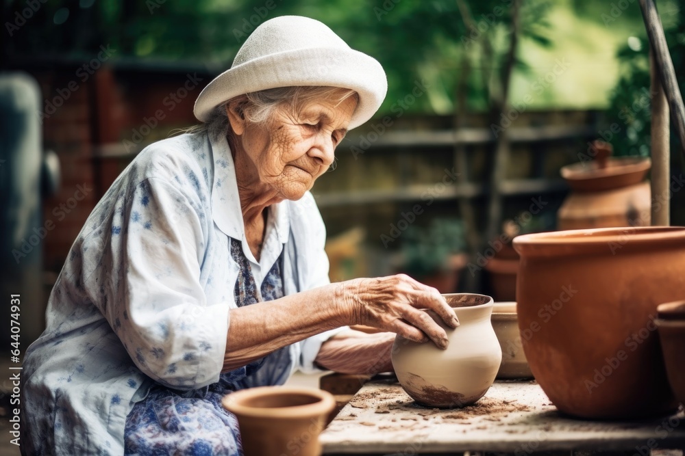 shot of a senior woman making pottery while sitting outside shot of a senior woman making pottery while sitting outside