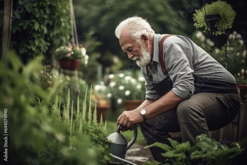 shot of a man watering plants in his garden