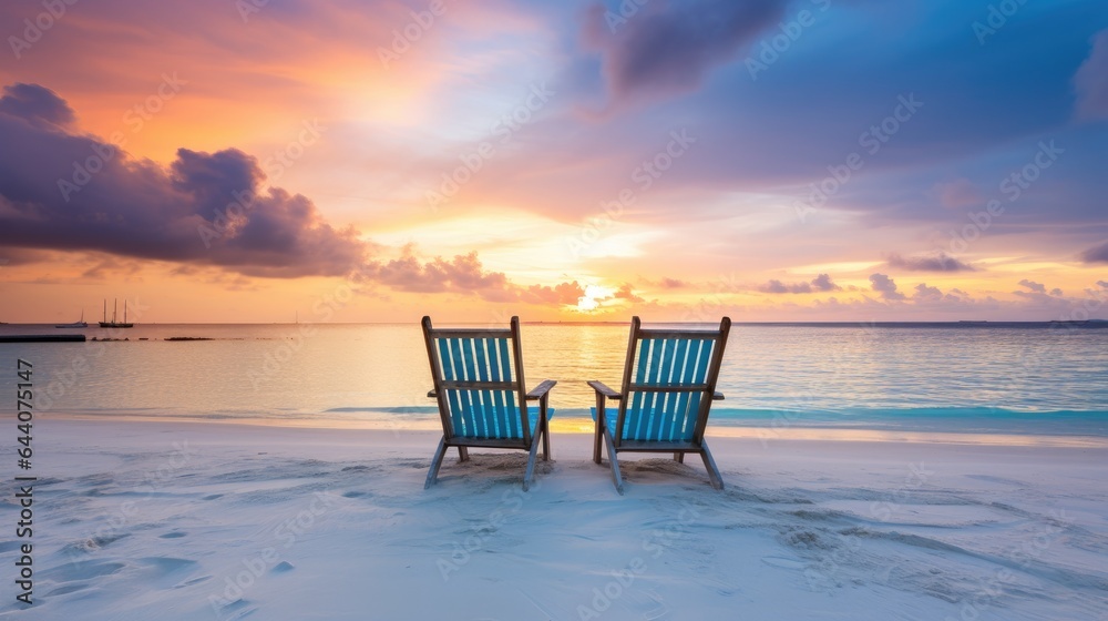 Two empty beach chairs on white beach on the Maldives at sunset. Generative AI - obrazy, fototapety, plakaty 