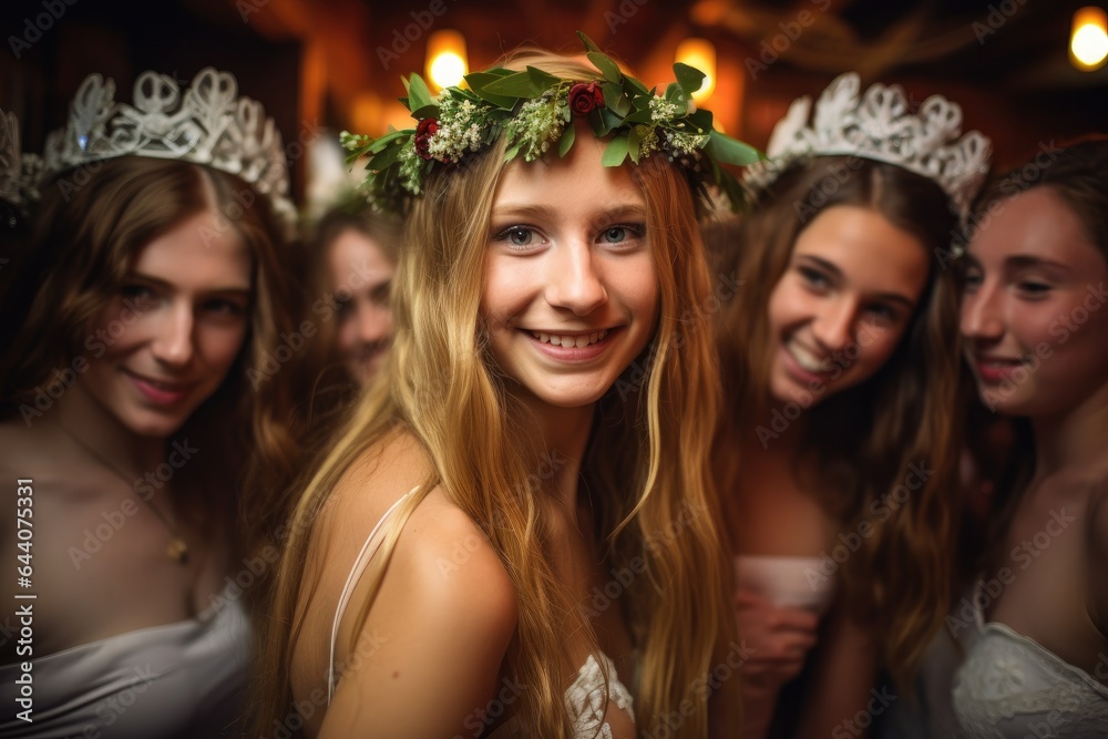 stunning young prom queen in her headdress surrounded by friends stunning young prom queen in her headdress surrounded by friends