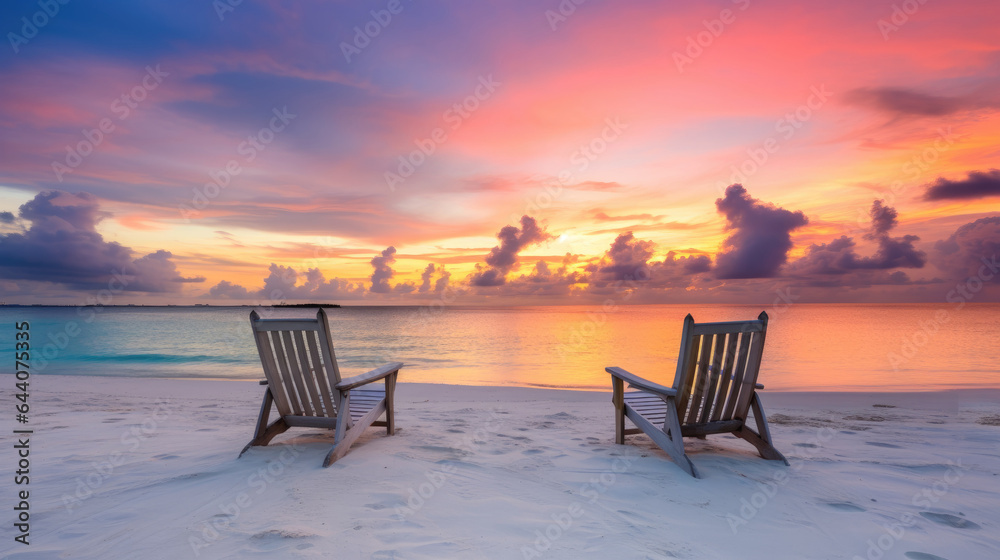Two empty beach chairs on white beach on the Maldives at sunset. Generative AI