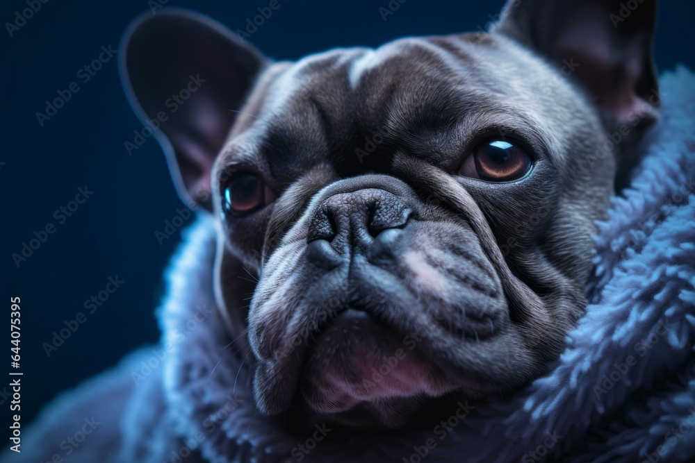 Close-up portrait photography of a tired french bulldog wearing a thermal blanket against a deep indigo background. With generative AI technology