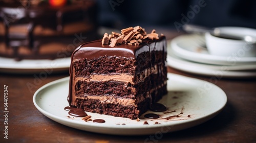 A homemade menu in Cafe, low-sugar, triple-layer chocolate cake with missing slices.