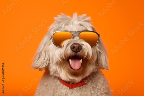 Medium shot portrait photography of a smiling komondor dog wearing a trendy sunglasses against a bright orange background. With generative AI technology © Markus Schröder