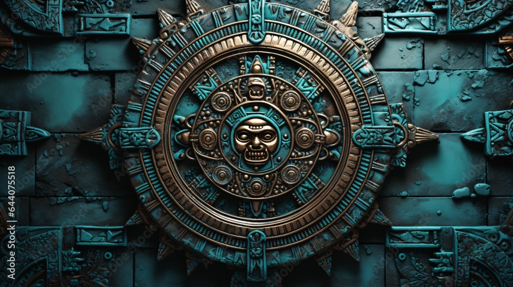 American Indian-inspired backdrop adorned with a Mayan or Aztec calendar motif on an aged wall, surrounded by a captivating empty space texture
