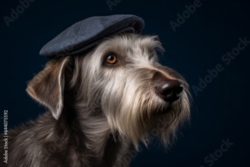 Medium shot portrait photography of a happy irish wolfhound dog wearing a cool cap against a deep indigo background. With generative AI technology