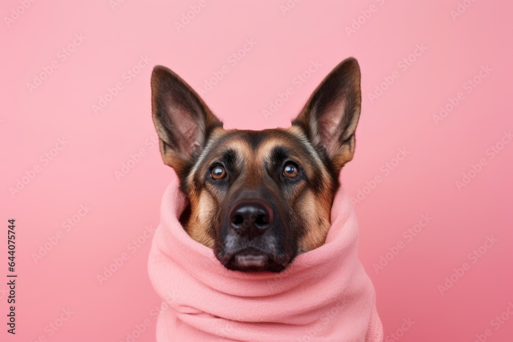 Obraz premium Close-up portrait photography of a funny german shepherd wearing a snood against a peachy pink background. With generative AI technology