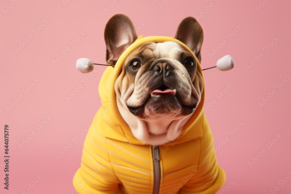 Lifestyle portrait photography of a smiling bulldog wearing a bee costume against a peachy pink background. With generative AI technology