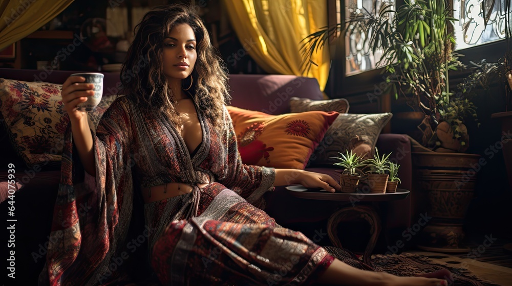 Model in a relaxed pose, sipping tea amidst a bohemian lounge setting with patterned rugs
