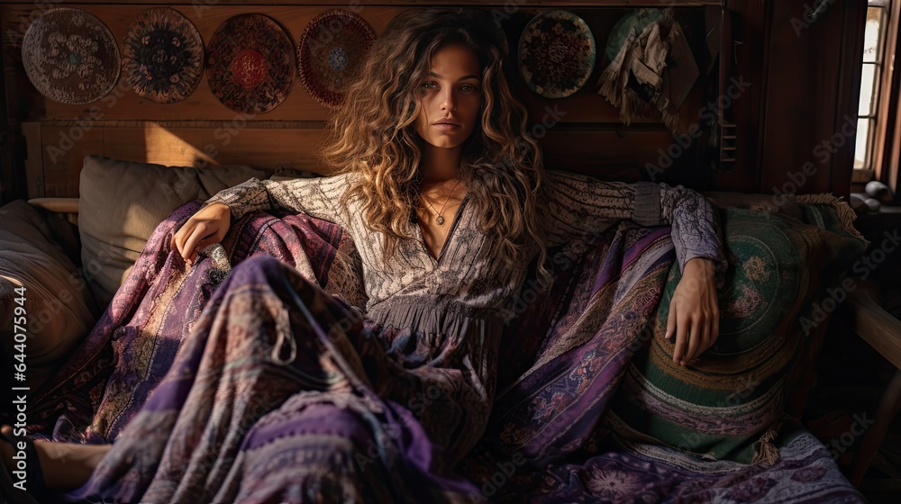 Model lounging amidst patterned cushions and tapestries, highlighting bohemian flair, set in a rustic wooden interior. Model lounging amidst patterned cushions and tapestries, highlighting bohemian flair, set in a rustic wooden interior.