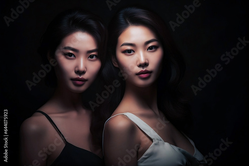 korean japanese beautiful twin sisters, professional studio photography with dark background, generative ai