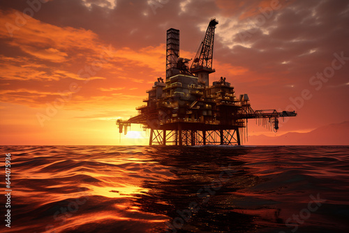 Generative ai ocean oil platform drilling gas and petroleum at sunset