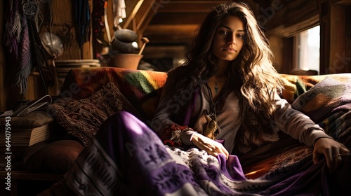 Model lounging amidst patterned cushions and tapestries, highlighting bohemian flair, set in a rustic wooden interior.