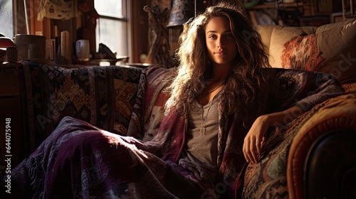 Model lounging amidst patterned cushions and tapestries, highlighting bohemian flair, set in a rustic wooden interior.