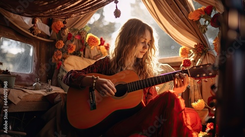 Model strumming a vintage guitar, surrounded by bohemian trinkets, set in a cozy tent