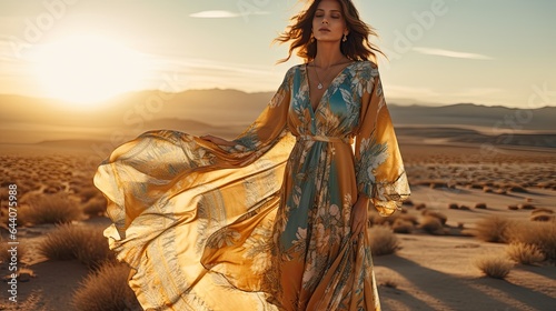 Model wearing a flowing bohemian dress with layered jewelry, set against a sunlit desert landscape