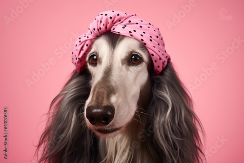 Close-up portrait photography of a smiling afghan hound dog wearing a polka dot bandana against a peachy pink background. With generative AI technology