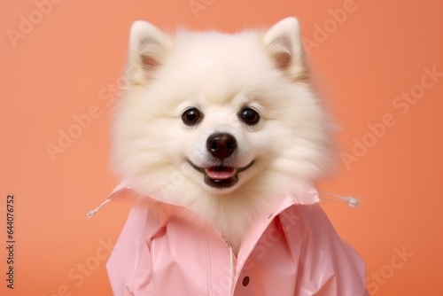 Environmental portrait photography of a funny american eskimo dog wearing a raincoat against a peachy pink background. With generative AI technology © Markus Schröder
