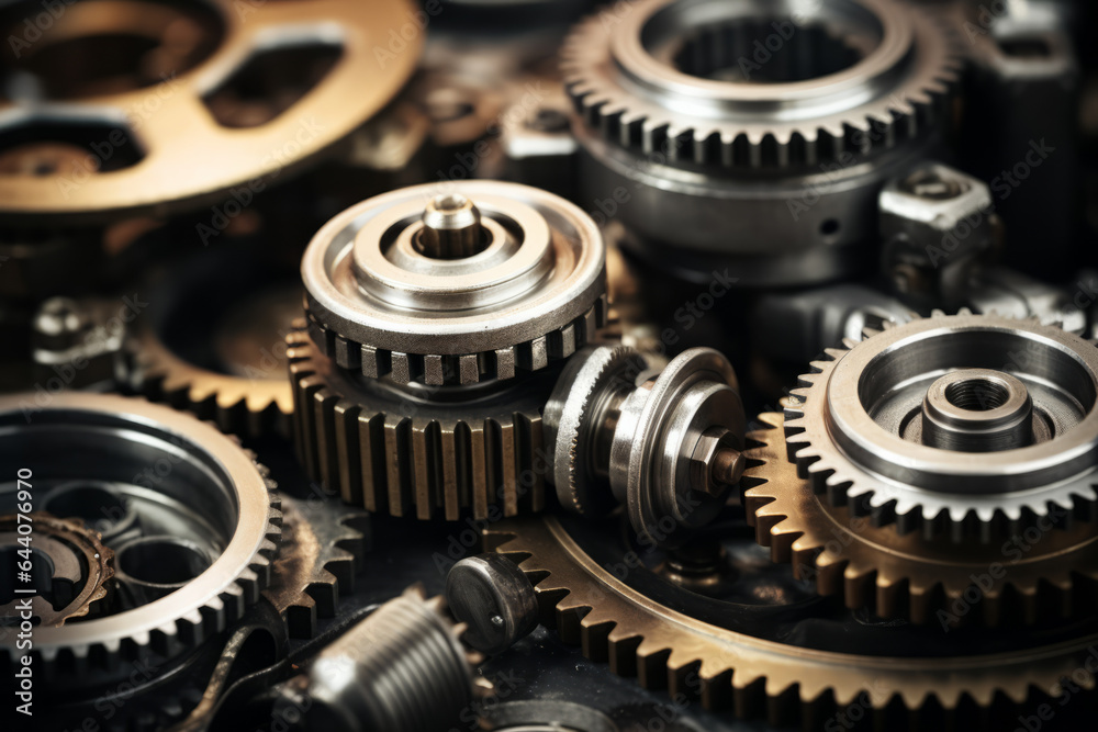 Industrial metal gears and machine parts connected Industrial metal gears and machine parts connected