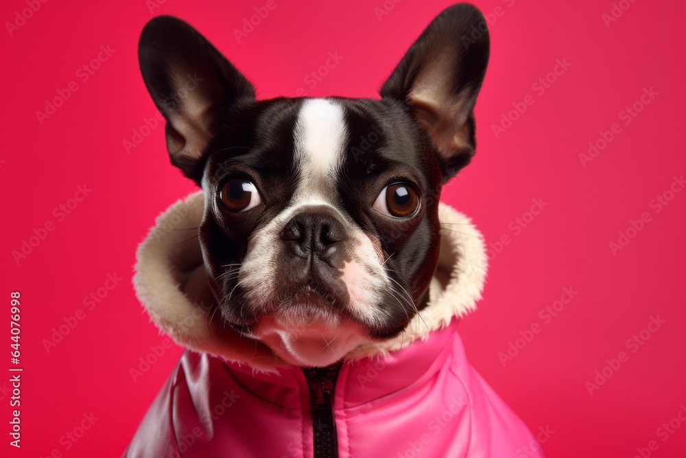 Lifestyle portrait photography of a funny boston terrier wearing a parka against a hot pink background. With generative AI technology