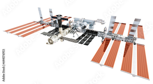 Fototapeta Naklejka Na Ścianę i Meble -  ISS 3D model on transparent background. International space station, (US, Russia, Europe, Japan, Canada) largest modular space station in low Earth orbit. Scientific research, long duration mission