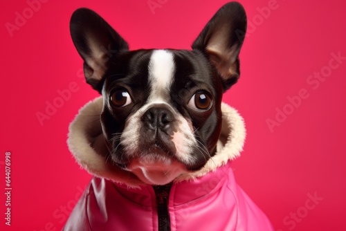 Lifestyle portrait photography of a funny boston terrier wearing a parka against a hot pink background. With generative AI technology © Markus Schröder