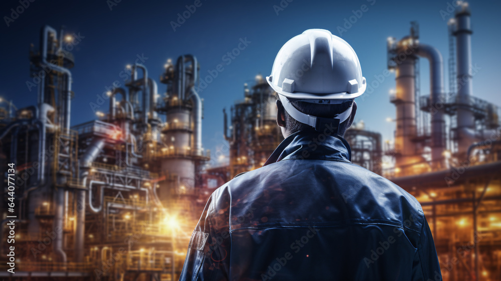 An engineer wearing a safety helmet against the backdrop of an oil refinery.