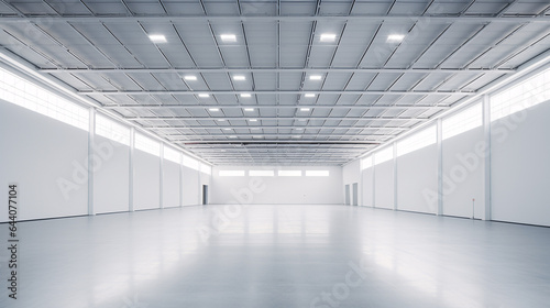 The inside of an empty, contemporary, white warehouse..