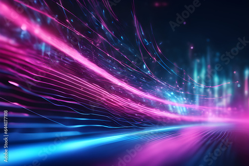 abstract background with light, Futuristic design with neon pink and blue glowing lights, high-speed moving wave lines, and bokeh light in the abstract background