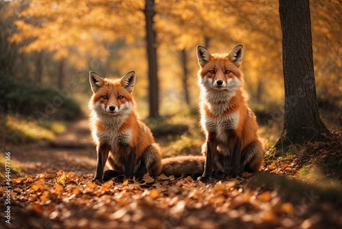 fox sitting on nature trail in autumn season sharp bright. ai generative