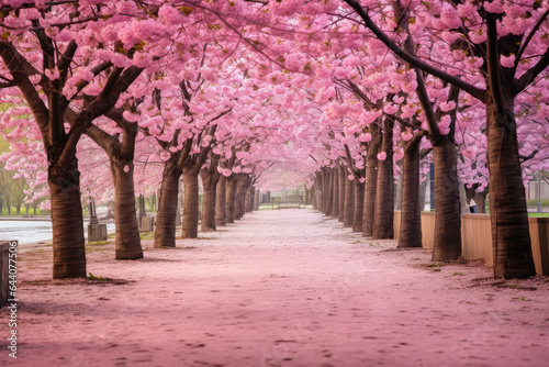 pink sakura trees in park on background
