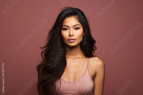 a beautiful Asian model poses against a solid-colored background