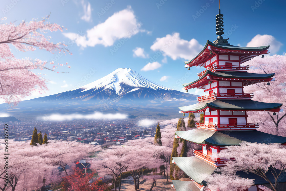 Castle with cherry trees and Mount Fuji on background